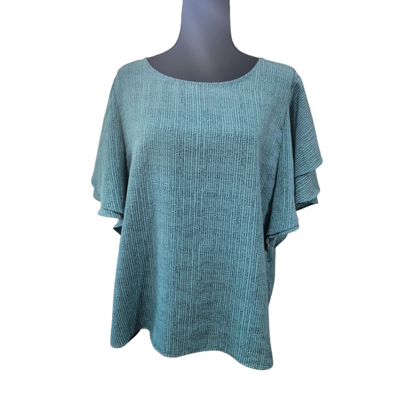 Simply Styled Tops - Simply Styled Sears Teal Blue Black Dash Print Ruffle Sleeve V-Back Blouse L